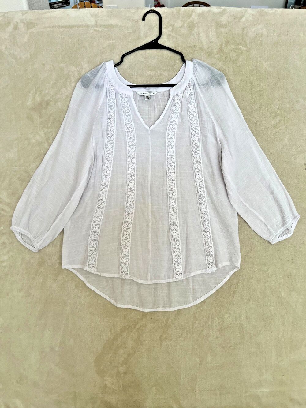Counterparts Peasant Blouse, White, Embellished, V-Neck, L/S,PXL, Boho, Festival